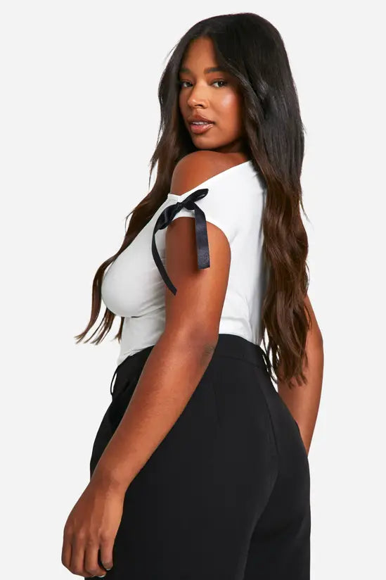 boohoo Plus Asymmetric Neckline Bow Ribbon Detail