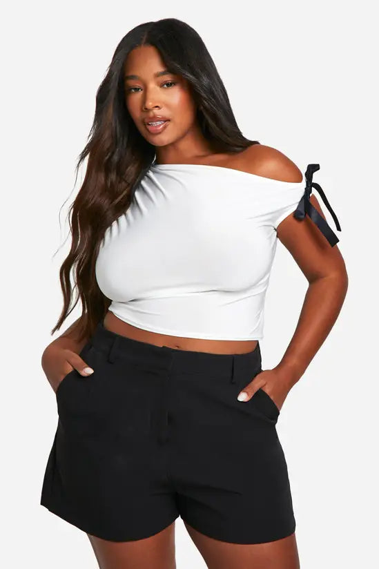 boohoo Plus Asymmetric Neckline Bow Ribbon Detail