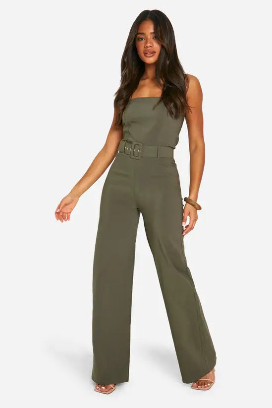 boohoo Belt Trim Bandeau Wide Leg Jumpsuit