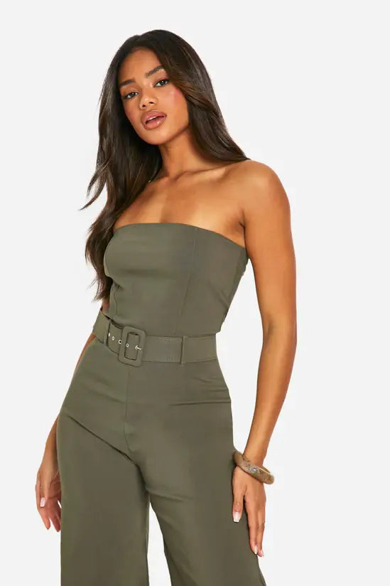 boohoo Belt Trim Bandeau Wide Leg Jumpsuit