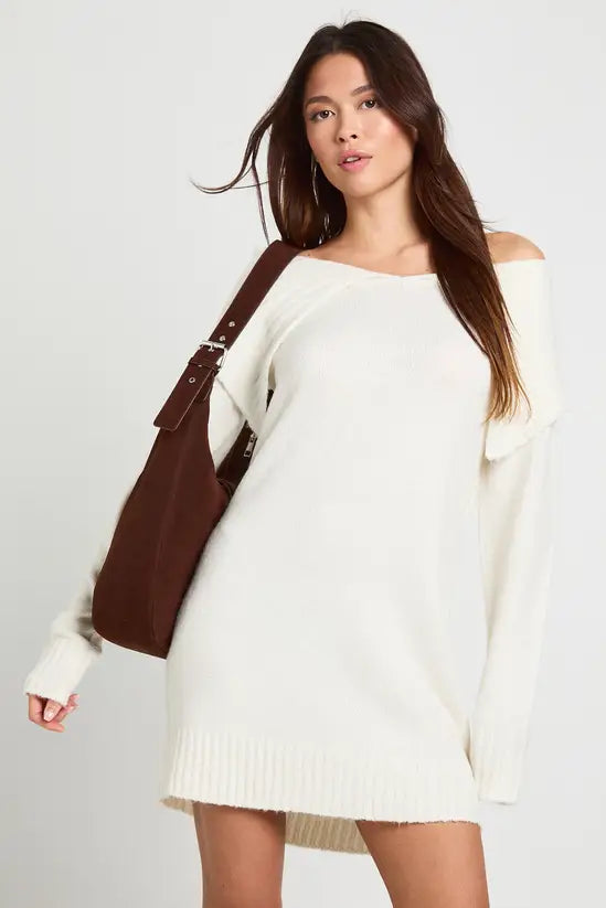boohoo Soft Knit Oversized Collar Off The Shoulder Jumper Dress