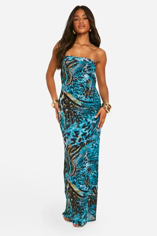 boohoo Bandeau Animal Printed Mesh Maxi Dress