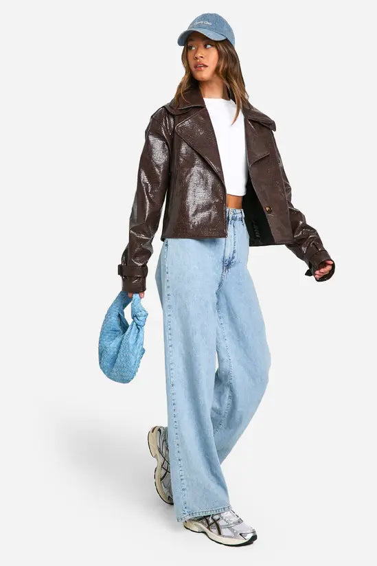 boohoo Tall Croc Faux Leather Cropped Trench Coat