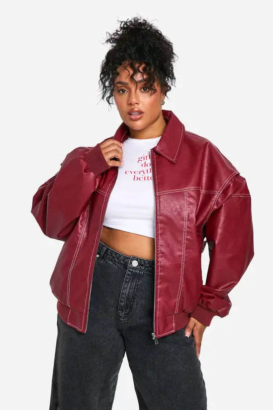 boohoo Plus Pu Contrast Stitch Oversized Bomber Jacket