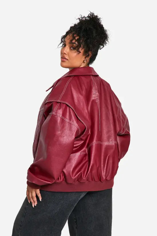 boohoo Plus Pu Contrast Stitch Oversized Bomber Jacket