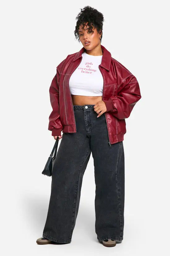 boohoo Plus Pu Contrast Stitch Oversized Bomber Jacket