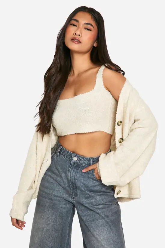 boohoo Slouchy Cardigan And Bralet Borg Knit Co-ord