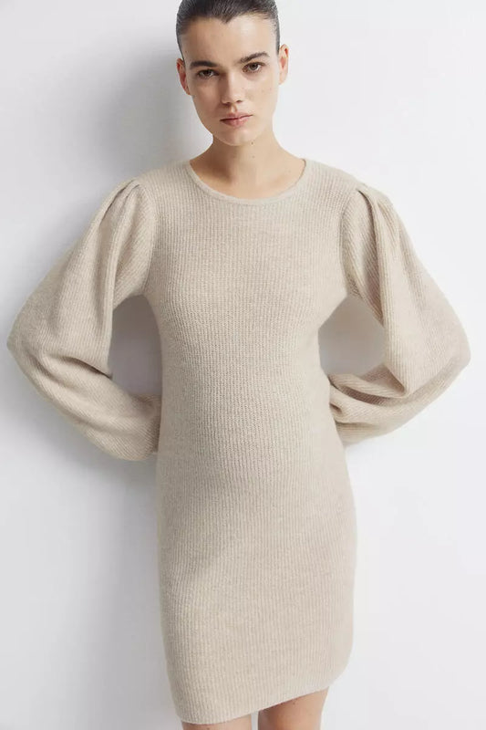 H&M - MAMA Balloon-sleeved rib-knit dress