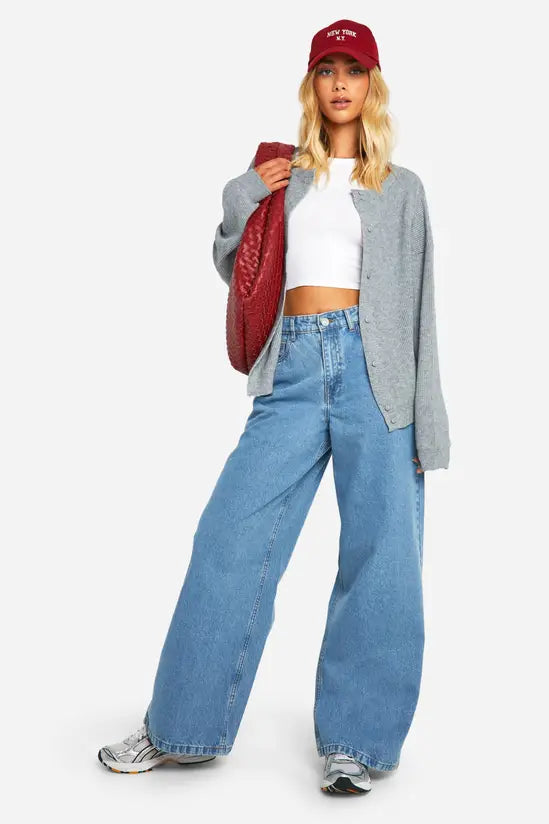 boohoo Varsity New York Embroidered Applique Denim Wide Leg Jeans