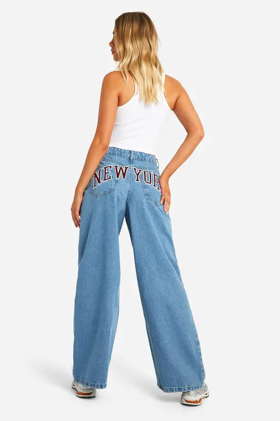 boohoo Varsity New York Embroidered Applique Denim Wide Leg Jeans