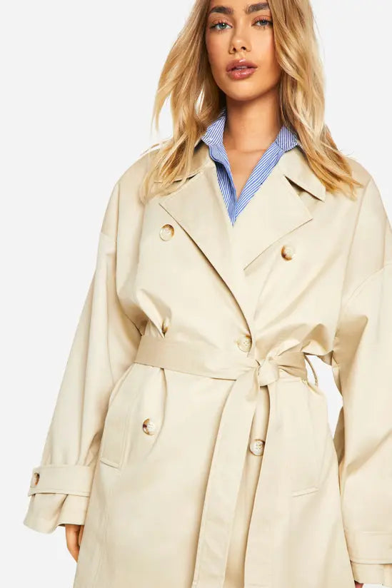 Boohoo Oversized Double Breast Belted Cinched Back Trench Coat