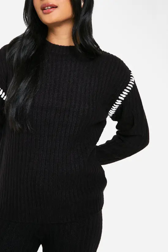 Boohoo - Petite Premium Heavyweight Contrast Trim Jumper And Trouser Knitted Set