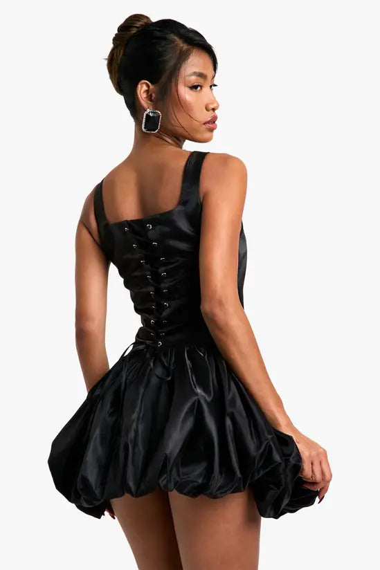boohoo Taffeta Bubble Hem Lace Up Mini Dress