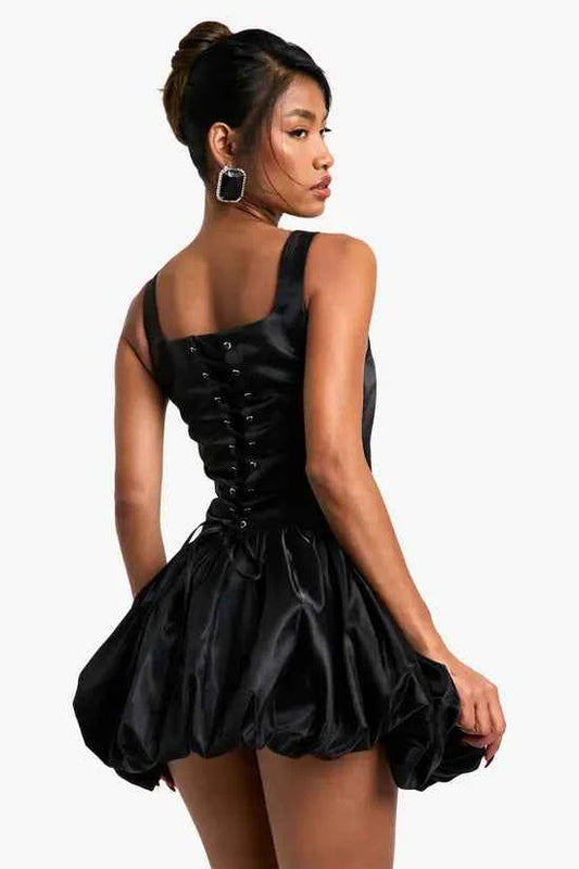boohoo Taffeta Bubble Hem Lace Up Mini Dress