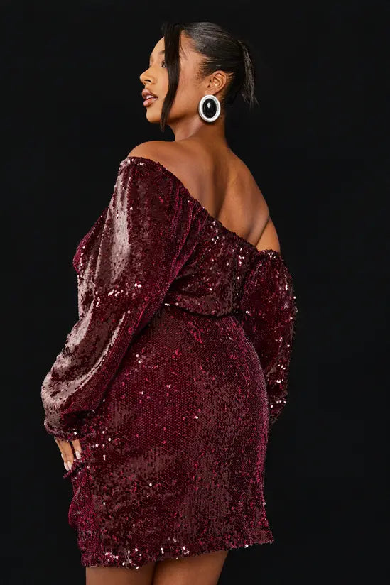 boohoo Plus Sequin Off Sholder Ruched Mini Dress