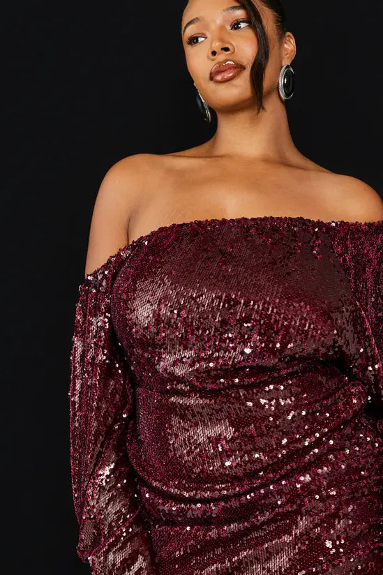 boohoo Plus Sequin Off Sholder Ruched Mini Dress
