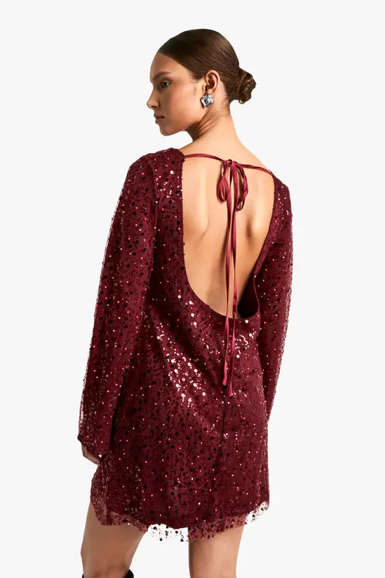 boohoo Flare Sleeve Tie Back Sequin Mini Dress