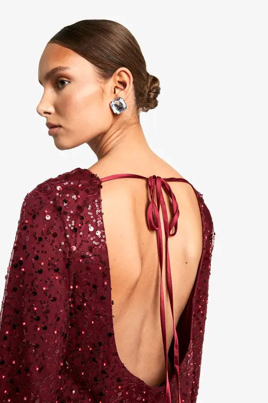 boohoo Flare Sleeve Tie Back Sequin Mini Dress