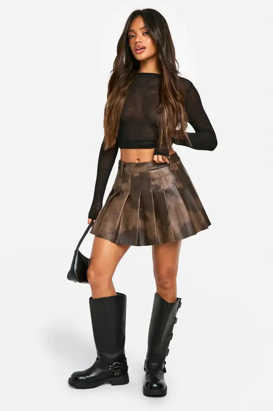 boohoo Washed Pu Pleated Tennis Skirt