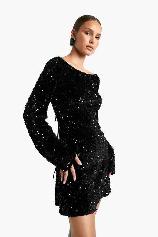 boohoo Velvet Sequin Tie Back Shift Dress