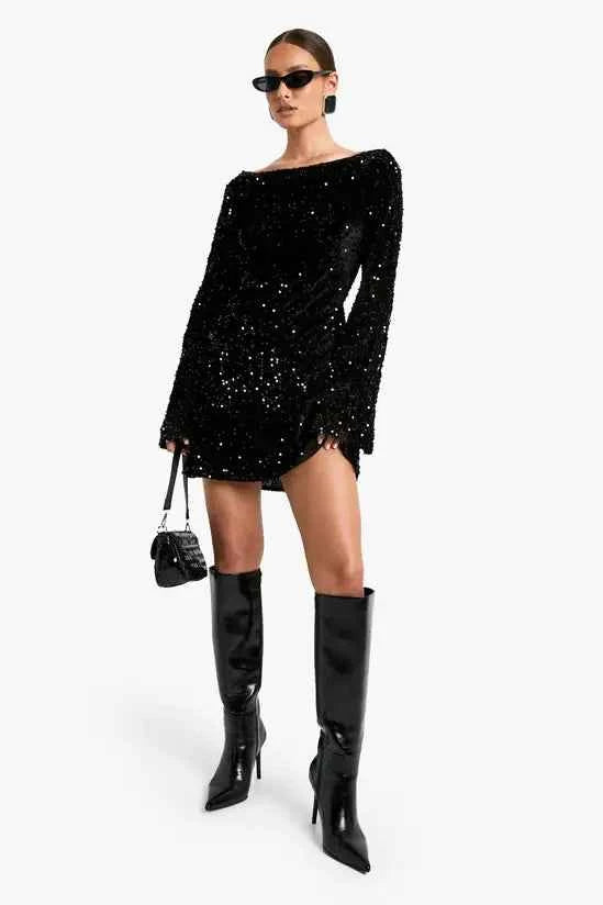 boohoo Velvet Sequin Tie Back Shift Dress