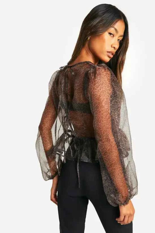 Boohoo Organza Micro Leopard Print Tie Back Puff Long Sleeve Top