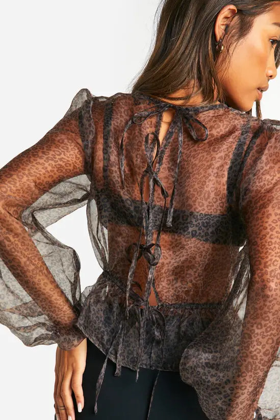Boohoo Organza Micro Leopard Print Tie Back Puff Long Sleeve Top