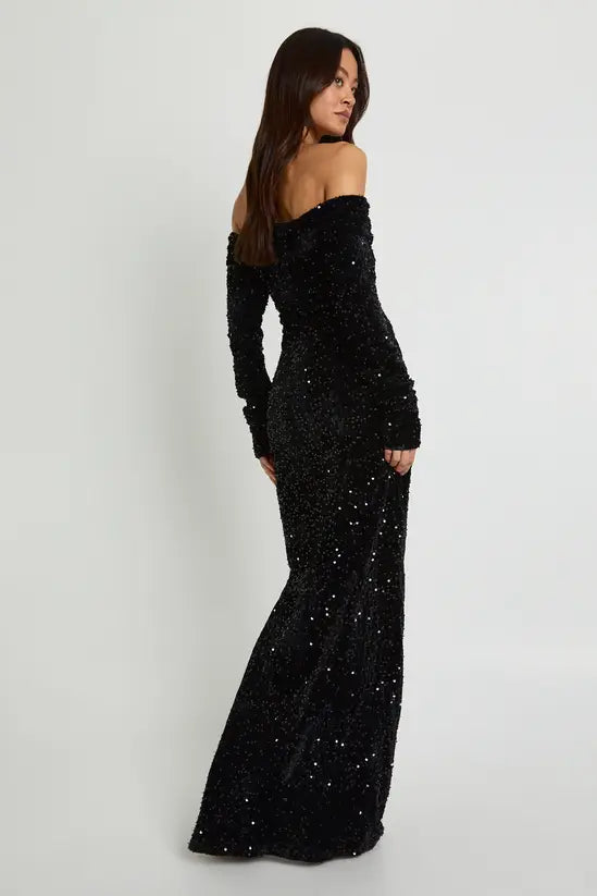 boohoo Tall Velvet Sequin Bardot Maxi Dress