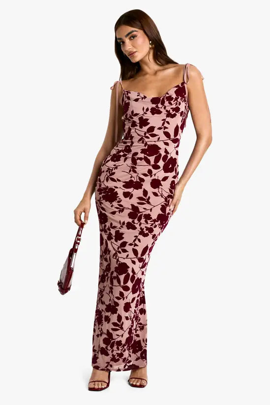 boohoo Devore Floral Cowl Neck Maxi Dress