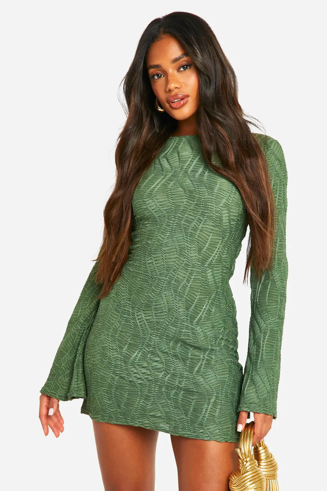 boohoo Textured Flare Sleeve Mini Dress