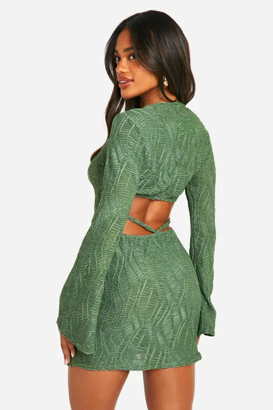 boohoo Textured Flare Sleeve Mini Dress