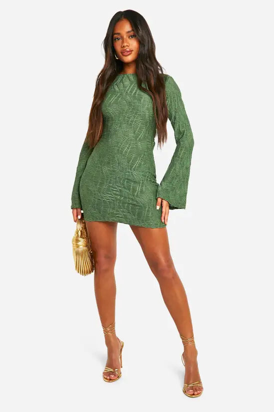 boohoo Textured Flare Sleeve Mini Dress