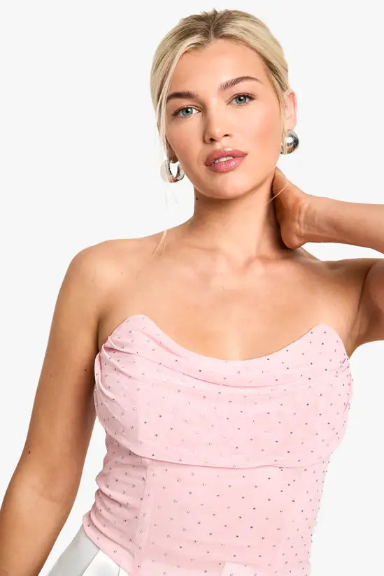 boohoo Hot Fix Diamante Mesh Corset Top