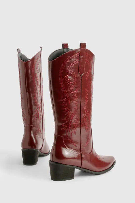 boohoo Vintage Look Calf Detail Embroidered Western Cowboy Boots