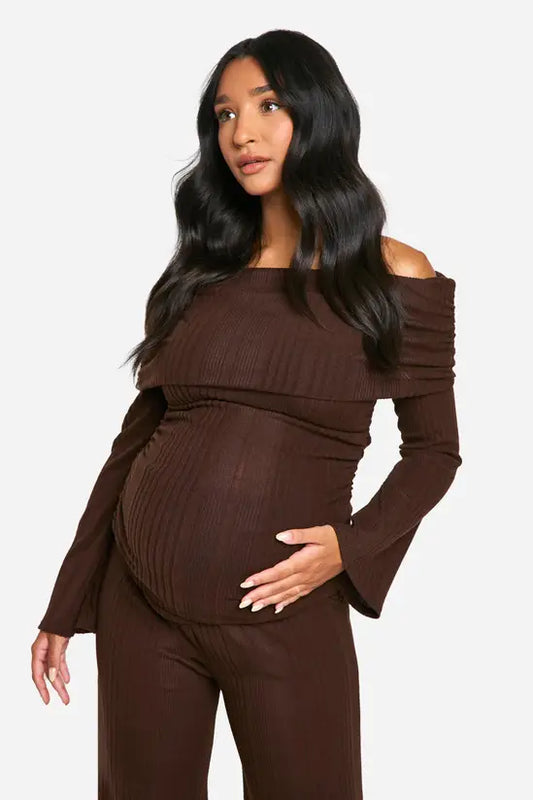 boohoo Emily Shak Maternity Soft Rib Fold Over Bardot Ruched Side Top