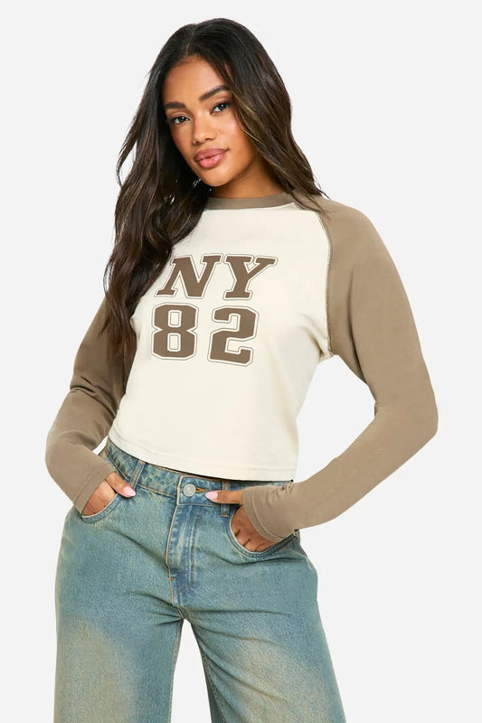 boohoo Long Sleeve Printed Jersey Raglan Top
