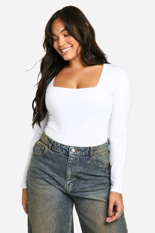 boohoo Boohoo Basics Plus Cotton Square Neck Long Sleeve Bodysuit
