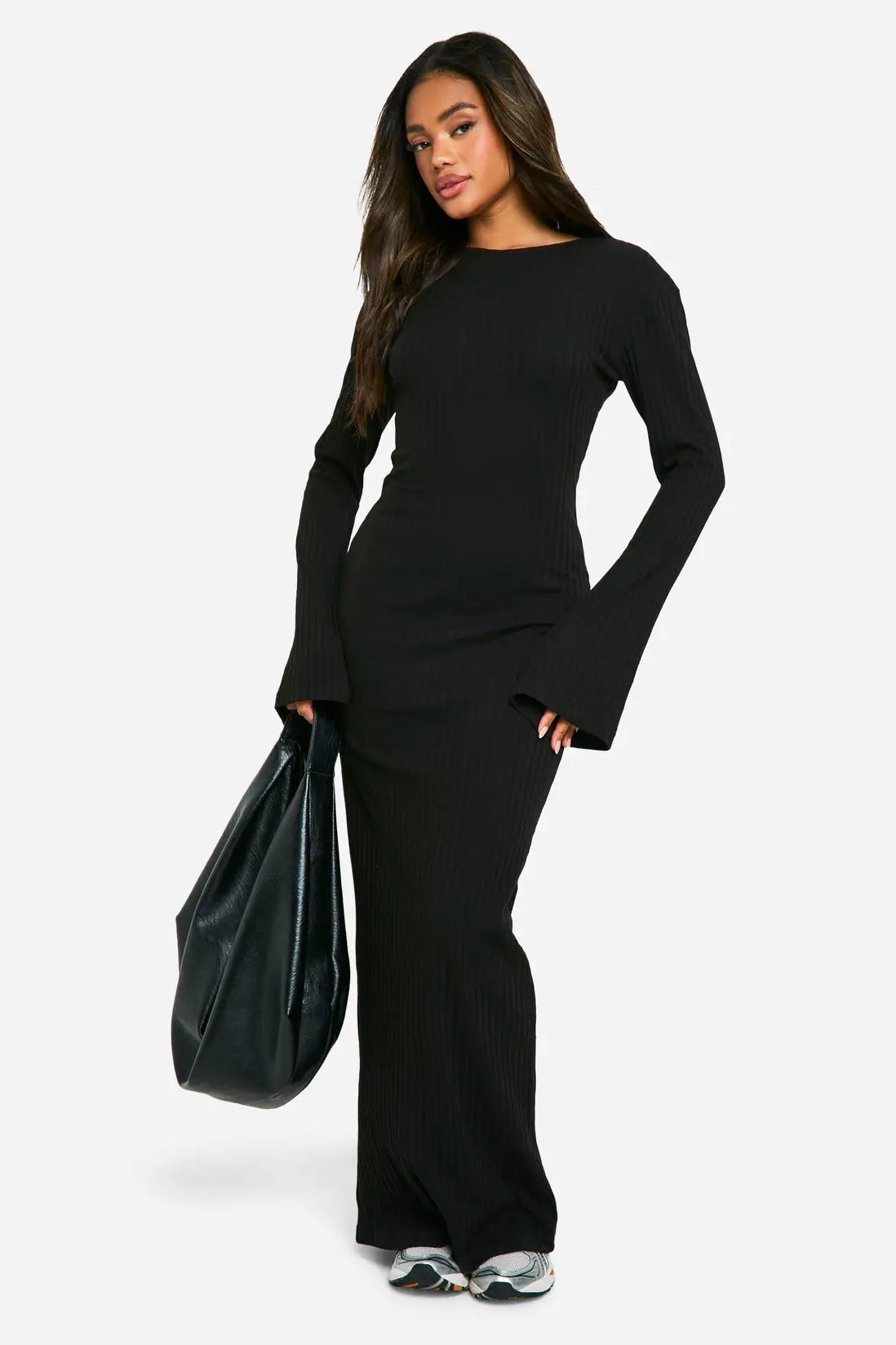 boohoo Wide Rib Flare Sleeve Maxi Dress