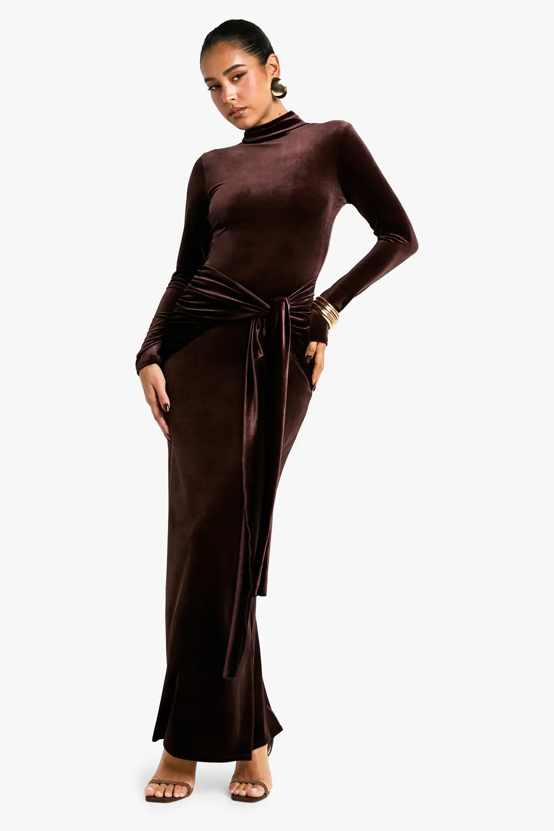 boohoo VELVET TIE WAIST MAXI DRESS