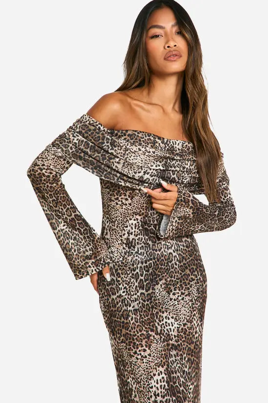 boohoo Animal Rib Knit Slouchy Bardot Maxi Dress