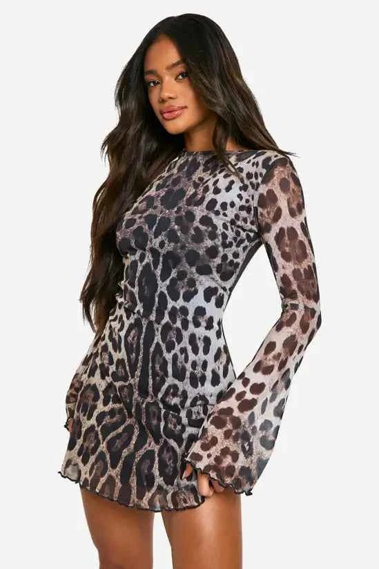 boohoo Leopard Mesh Flare Sleeve Mini Dress