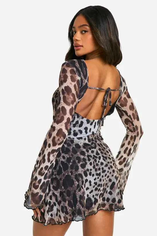 boohoo Leopard Mesh Flare Sleeve Mini Dress