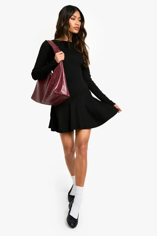boohoo Rib Dropped Hem Skater Dress