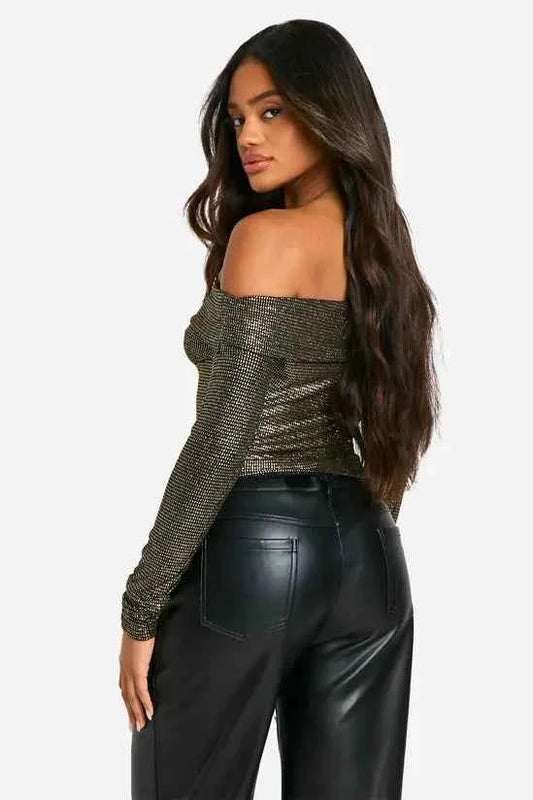 boohoo Glitter Bardot Long Sleeve Top