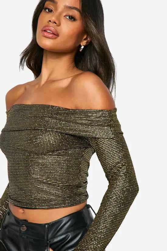 boohoo Glitter Bardot Long Sleeve Top