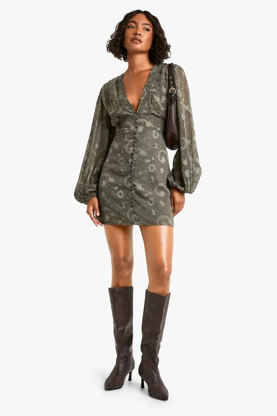 Boohoo - Tall Paisley Burnout Volume Sleeve Mini Dress
