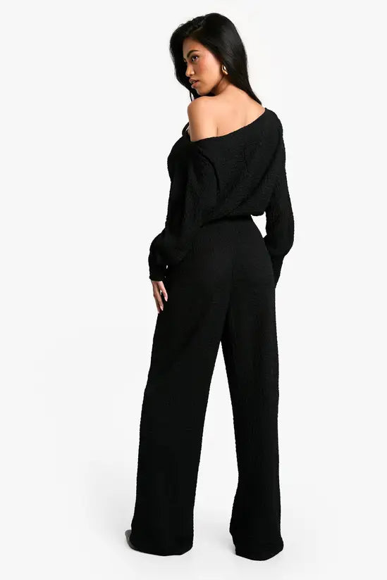 boohoo Cold Shoulder Wide Leg Textured Jumpsuit