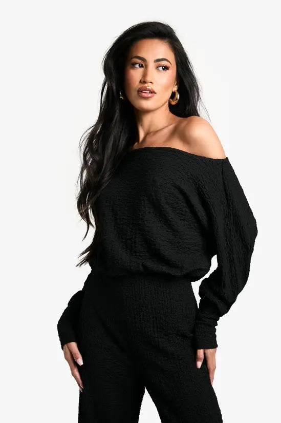 boohoo Cold Shoulder Wide Leg Textured Jumpsuit