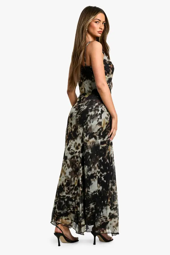 boohoo Smudge Print Strappy Mesh Maxi Dress