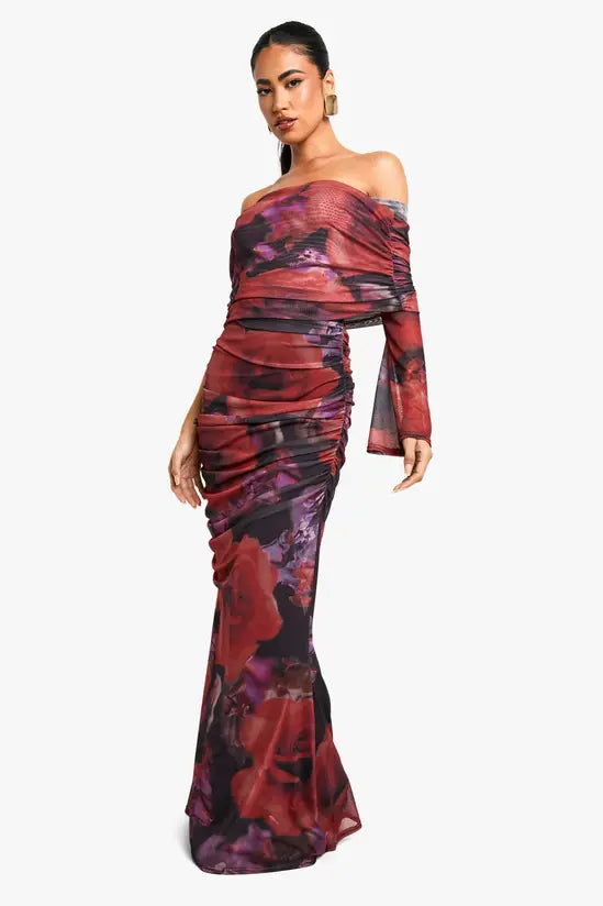 boohoo Assymetric ruched floral mesh maxi dress